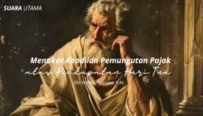 Ilustrasi seorang lelaki tua duduk termenung dengan tatapan berat, menggambarkan pergulatan batin para pensiunan yang menghadapi penurunan pendapatan di masa senja. Janggut putih dan gurat usia pada wajahnya melambangkan perjalanan panjang pengabdian hidup yang kini diuji oleh kebijakan fiskal negara.