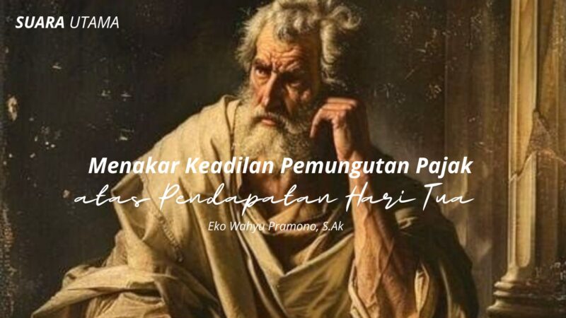 Ilustrasi seorang lelaki tua duduk termenung dengan tatapan berat, menggambarkan pergulatan batin para pensiunan yang menghadapi penurunan pendapatan di masa senja. Janggut putih dan gurat usia pada wajahnya melambangkan perjalanan panjang pengabdian hidup yang kini diuji oleh kebijakan fiskal negara.