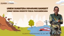 Ilustrasi banjir dan longsor di wilayah Sumatera disertai figur praktisi pajak Yulianto Kiswocahyono, SE., SH., BKP, yang menyoroti pentingnya skema insentif fiskal dalam percepatan pemulihan UMKM pascabencana.