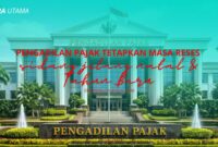 Ilustrasi Gedung Pengadilan Pajak Republik Indonesia tampak dari sisi depan dengan suasana halaman yang tertata dan bendera Merah Putih berkibar.