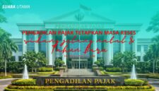 Ilustrasi Gedung Pengadilan Pajak Republik Indonesia tampak dari sisi depan dengan suasana halaman yang tertata dan bendera Merah Putih berkibar.