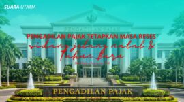 Ilustrasi Gedung Pengadilan Pajak Republik Indonesia tampak dari sisi depan dengan suasana halaman yang tertata dan bendera Merah Putih berkibar.