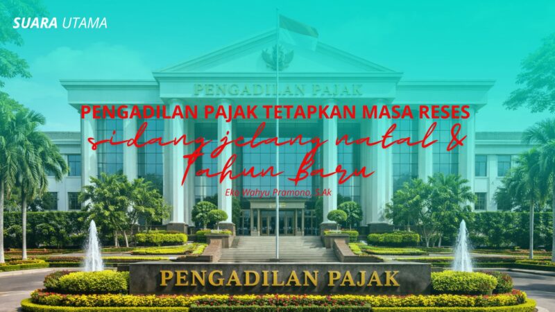 Ilustrasi Gedung Pengadilan Pajak Republik Indonesia tampak dari sisi depan dengan suasana halaman yang tertata dan bendera Merah Putih berkibar.