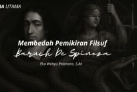 Ilustrasi konseptual Baruch de Spinoza dan Lady Justice, menggambarkan pergulatan antara nalar, takdir, dan moralitas.