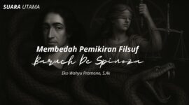 Ilustrasi konseptual Baruch de Spinoza dan Lady Justice, menggambarkan pergulatan antara nalar, takdir, dan moralitas.