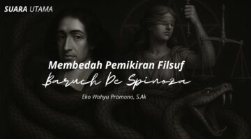 Ilustrasi konseptual Baruch de Spinoza dan Lady Justice, menggambarkan pergulatan antara nalar, takdir, dan moralitas.