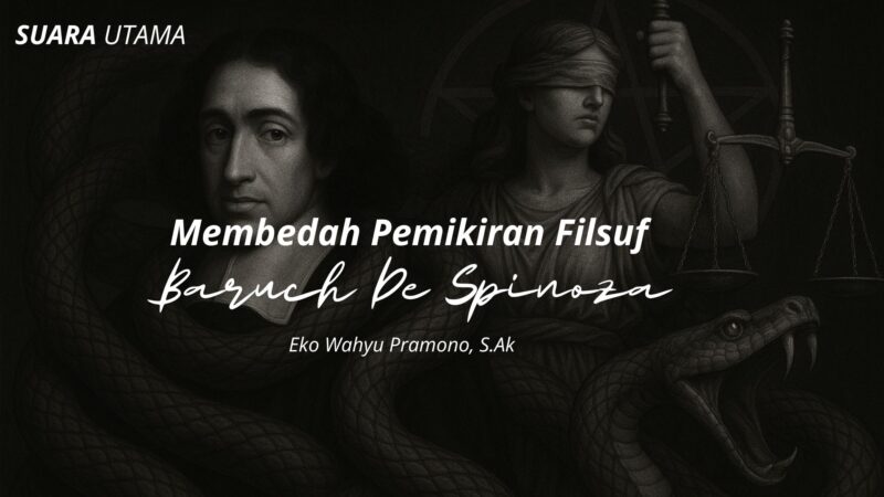 Ilustrasi konseptual Baruch de Spinoza dan Lady Justice, menggambarkan pergulatan antara nalar, takdir, dan moralitas.