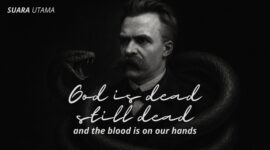 ilustrasi Friedrich Nietzsche yang dililit ular dengan nuansa gelap, menggambarkan pergulatan filosofisnya