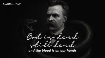 ilustrasi Friedrich Nietzsche yang dililit ular dengan nuansa gelap, menggambarkan pergulatan filosofisnya
