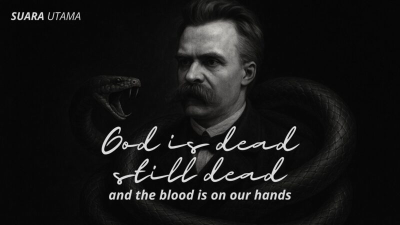 ilustrasi Friedrich Nietzsche yang dililit ular dengan nuansa gelap, menggambarkan pergulatan filosofisnya
