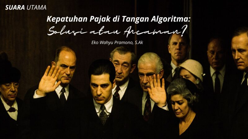 Ilustrasi suasana keputusan kolektif yang melambangkan pergeseran kewenangan manusia menuju dominasi algoritma dalam penegakan pajak.