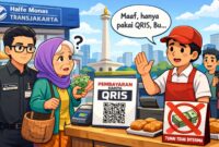 Ilustrasi seorang nenek yang hendak membeli roti di sebuah gerai di area Halte Transjakarta Monas. Pegawai toko menolak pembayaran tunai dan meminta menggunakan QRIS.