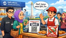 Ilustrasi seorang nenek yang hendak membeli roti di sebuah gerai di area Halte Transjakarta Monas. Pegawai toko menolak pembayaran tunai dan meminta menggunakan QRIS.