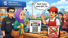 Ilustrasi seorang nenek yang hendak membeli roti di sebuah gerai di area Halte Transjakarta Monas. Pegawai toko menolak pembayaran tunai dan meminta menggunakan QRIS.
