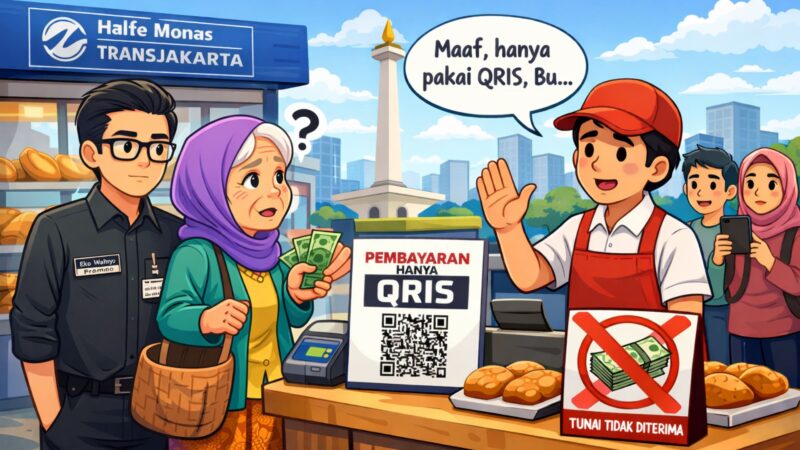 Ilustrasi seorang nenek yang hendak membeli roti di sebuah gerai di area Halte Transjakarta Monas. Pegawai toko menolak pembayaran tunai dan meminta menggunakan QRIS.