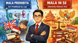 Ilustrasi perbandingan konsep Mala Prohibita dan Mala in Se dalam delik penghinaan. Sosok pria berkacamata dalam ilustrasi ini merepresentasikan Eko Wahyu Pramono, S.Ak, praktisi hukum dan pemegang Izin Kuasa Hukum (IKH) Pengadilan Pajak, yang memberikan pandangan mengenai perbedaan pendekatan hukum pidana antara sistem Barat dan Indonesia.