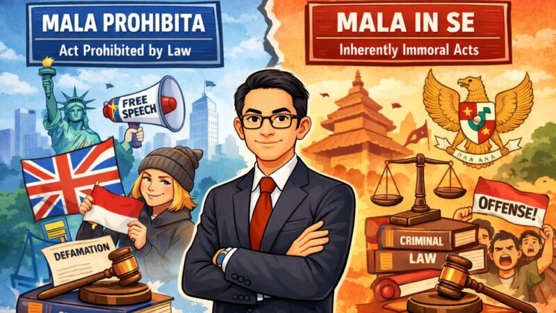 Ilustrasi perbandingan konsep Mala Prohibita dan Mala in Se dalam delik penghinaan. Sosok pria berkacamata dalam ilustrasi ini merepresentasikan Eko Wahyu Pramono, S.Ak, praktisi hukum dan pemegang Izin Kuasa Hukum (IKH) Pengadilan Pajak, yang memberikan pandangan mengenai perbedaan pendekatan hukum pidana antara sistem Barat dan Indonesia.