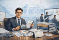 Ilustrasi pengawasan kepatuhan perpajakan berbasis data, menggambarkan proses klarifikasi dan analisis administrasi pajak oleh otoritas fiskal dalam rangka penerapan PMK 111/2025 yang mulai berlaku tahun 2026.