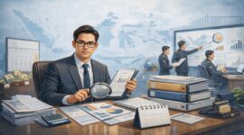 Ilustrasi pengawasan kepatuhan perpajakan berbasis data, menggambarkan proses klarifikasi dan analisis administrasi pajak oleh otoritas fiskal dalam rangka penerapan PMK 111/2025 yang mulai berlaku tahun 2026.