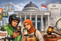 Ilustrasi sepasang pekerja ekonomi digital yang menghadapi penghangusan kuota internet, dengan latar Mahkamah Konstitusi, sebagai simbol gugatan uji materi kebijakan kuota internet ke MK demi perlindungan hak konsumen dan kepastian hukum.