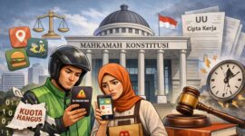 Ilustrasi sepasang pekerja ekonomi digital yang menghadapi penghangusan kuota internet, dengan latar Mahkamah Konstitusi, sebagai simbol gugatan uji materi kebijakan kuota internet ke MK demi perlindungan hak konsumen dan kepastian hukum.