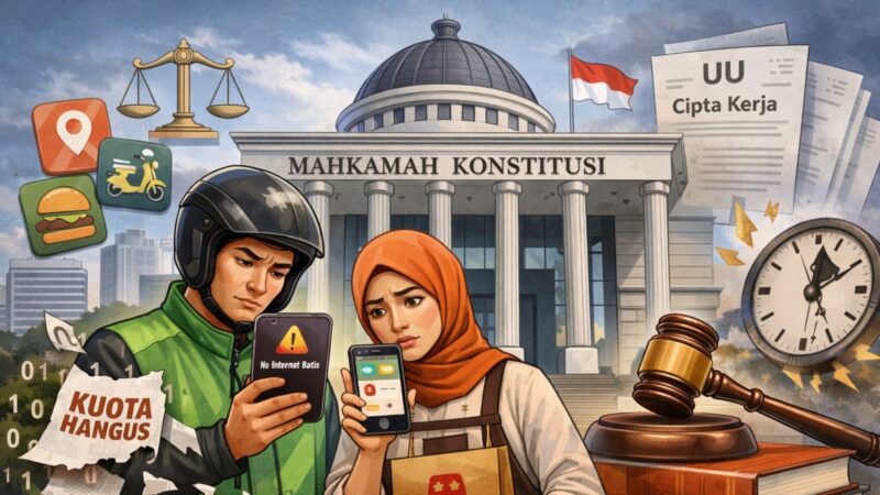 Ilustrasi sepasang pekerja ekonomi digital yang menghadapi penghangusan kuota internet, dengan latar Mahkamah Konstitusi, sebagai simbol gugatan uji materi kebijakan kuota internet ke MK demi perlindungan hak konsumen dan kepastian hukum.