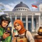 Ilustrasi sepasang pekerja ekonomi digital yang menghadapi penghangusan kuota internet, dengan latar Mahkamah Konstitusi, sebagai simbol gugatan uji materi kebijakan kuota internet ke MK demi perlindungan hak konsumen dan kepastian hukum.