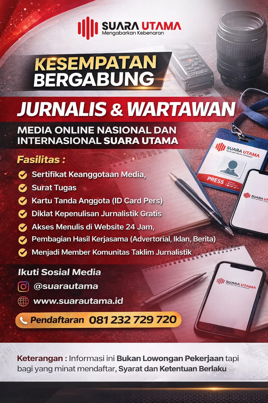 FOTO: Kesempatan Bergabung dan Berkarir Menjadi Jurnalis Wartawan di Media Internasional Suara Utama (Dok.Internal)