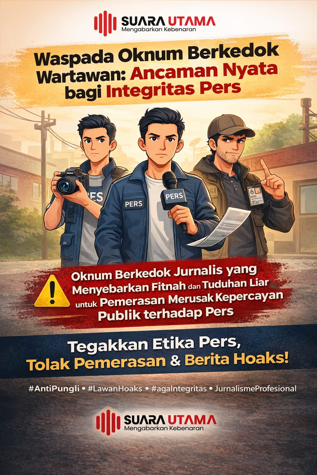 FOTO: Menjaga Marwah Jurnalisme, Waspadai Oknum Berkedok Wartawan dan Praktik Pemerasan (Sumber AI/SUARA UTAMA)