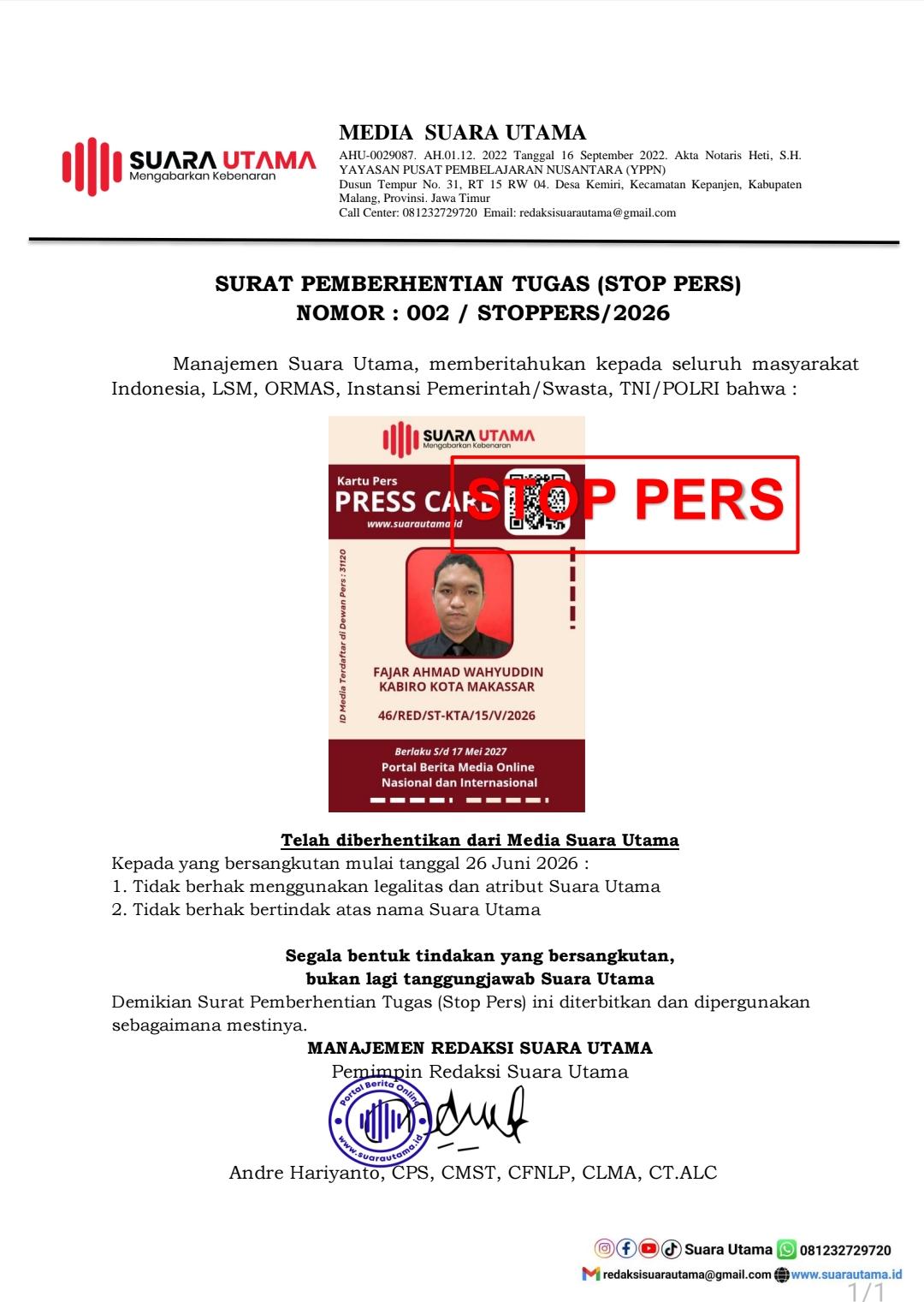 Pemberitahuan STOP PRESS Media Suara Utama Atas Nama Fajar Ahmad Wahyuddin