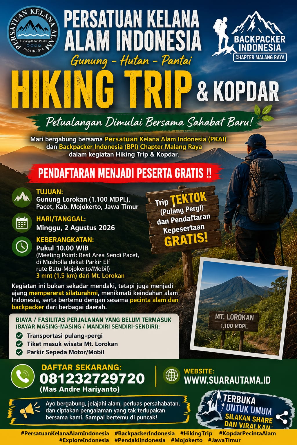 FOTO: Persatuan Kelana Alam Indonesia Bersama Backpacker Indonesia Chapter Malang dan Redaksi Media Suara Utama Gelar 2 Agenda Wisata Alam: Hiking Gunung Lorokan dan Open Trip Pantai 3 in 1 Malang Selatan (Andre Hariyanto/SUARA UTAMA)