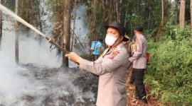 Foto : Kapolres Barito Selatan AKBP Jecson R. Hutapea dan Personel Polres dan Tim sedang berusaha memadamkan api Karhutla diwilayah Kecamatan Dusun Utara, Kabupaten Barito Selatan, Kalimantan Tengah, Rabu (19/8/2026). (Wartawan Suara Utama/ Ahmad Arbani)