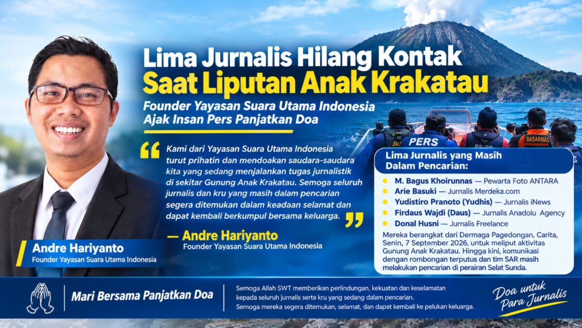 FOTO: Lima Jurnalis Hilang Kontak Saat Liputan Anak Gunung Krakatau, Founder Yayasan Suara Utama Indonesia Andre Hariyanto Ajak Insan Pers Panjatkan Doa (Andre Hariyanto/SUARA UTAMA)